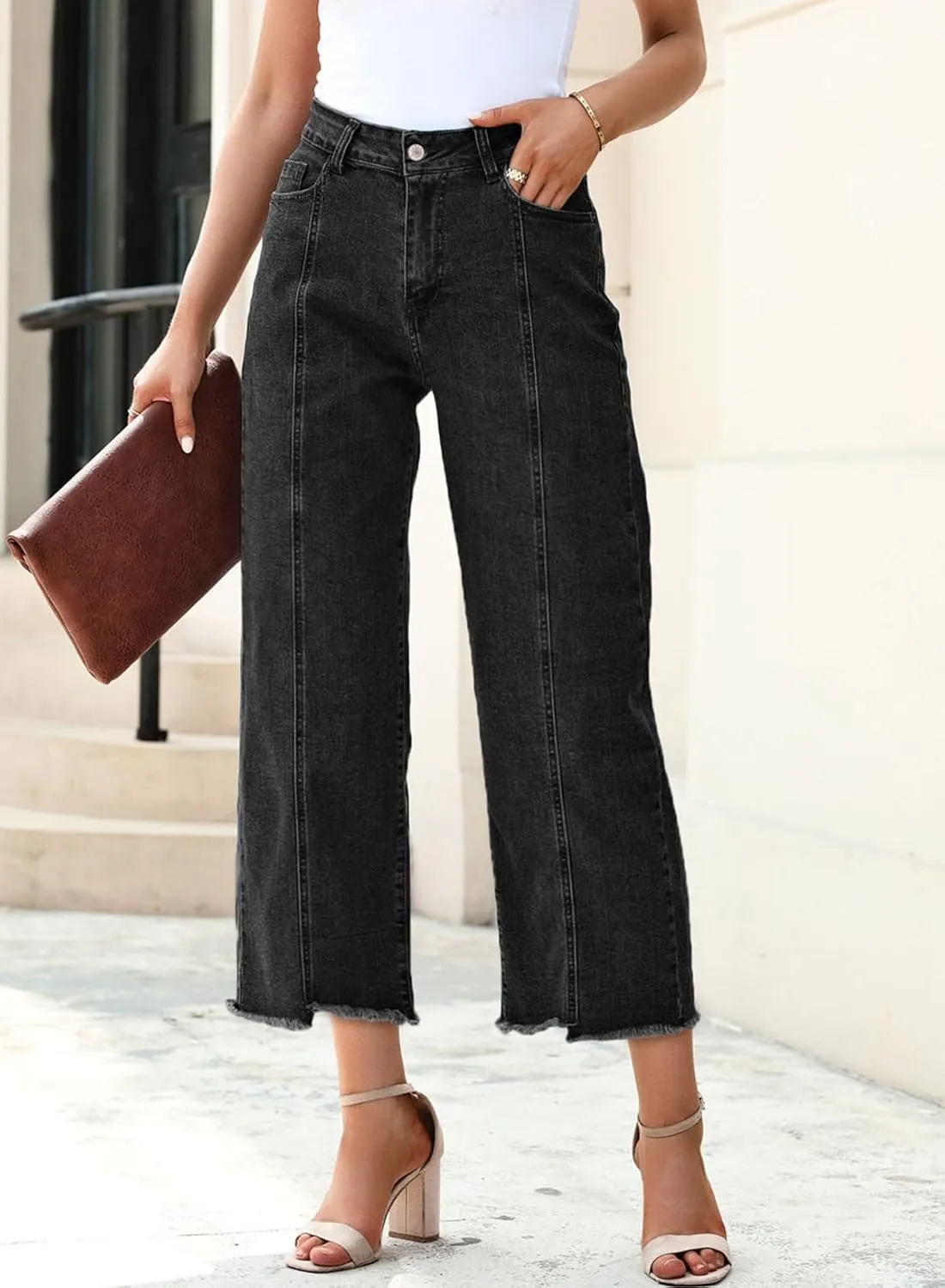 Sidefeel Women's Jeans High Waisted Wide Leg Loose Fit Straight Leg Zimbaplatinum Cropped Denim Pants