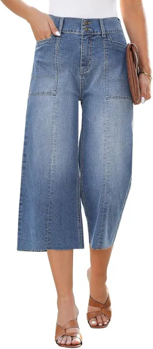 Sidefeel Womens Wide Leg Jeans High Waisted Stretch Loose Fit Button Denim Capri Pants