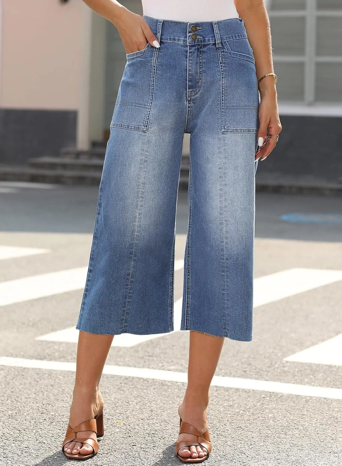 Sidefeel Womens Wide Leg Jeans High Waisted Stretch Loose Fit Button Denim Capri Pants