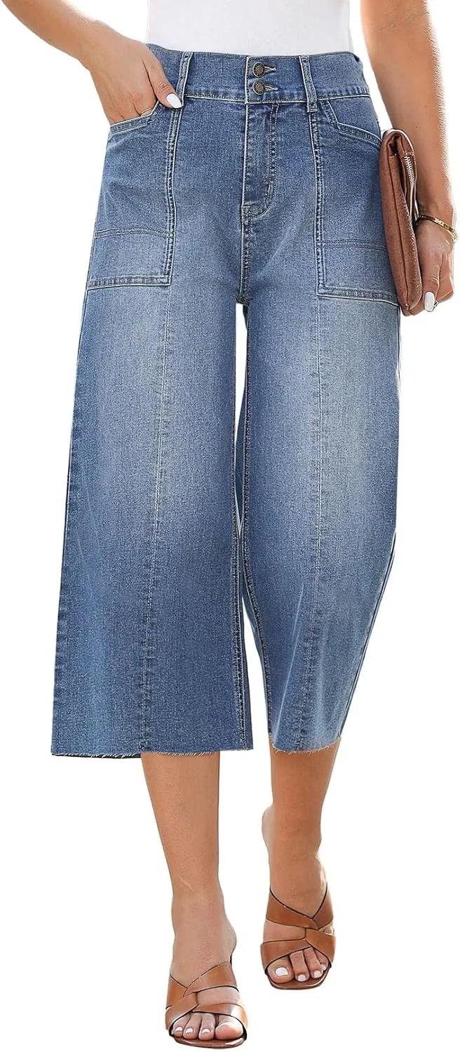 Sidefeel Womens Wide Leg Jeans High Waisted Stretch Loose Fit Button Denim Capri Pants