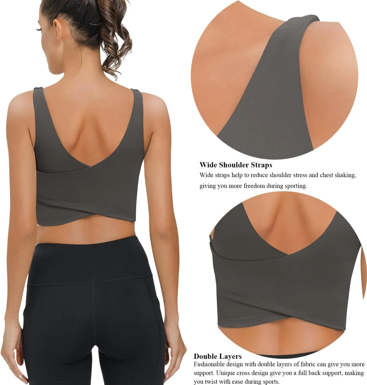 SIGNEALA Sports Bras for Women Longline - V Neck Padded Crop Top with Built-in Bra for Workout Yoga Gym 2 Pack