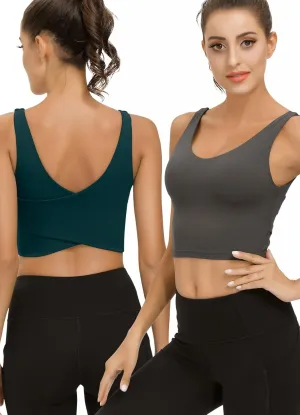 SIGNEALA Sports Bras for Women Longline - V Neck Padded Crop Top with Built-in Bra for Workout Yoga Gym 2 Pack