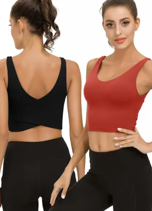 SIGNEALA Sports Bras for Women Longline - V Neck Padded Crop Top with Built-in Bra for Workout Yoga Gym 2 Pack