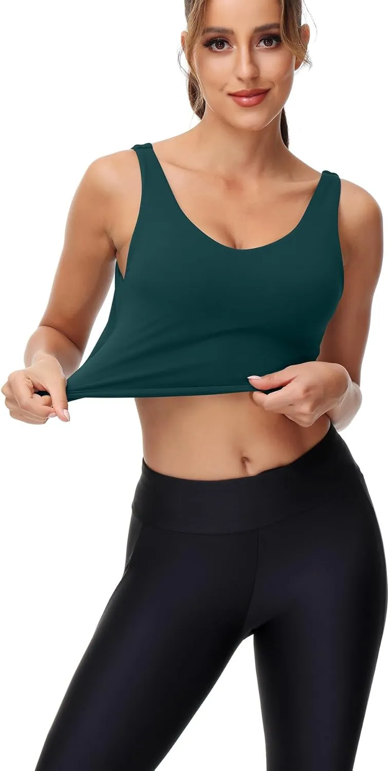 SIGNEALA Sports Bras for Women Longline - V Neck Padded Crop Top with Built-in Bra for Workout Yoga Gym 2 Pack