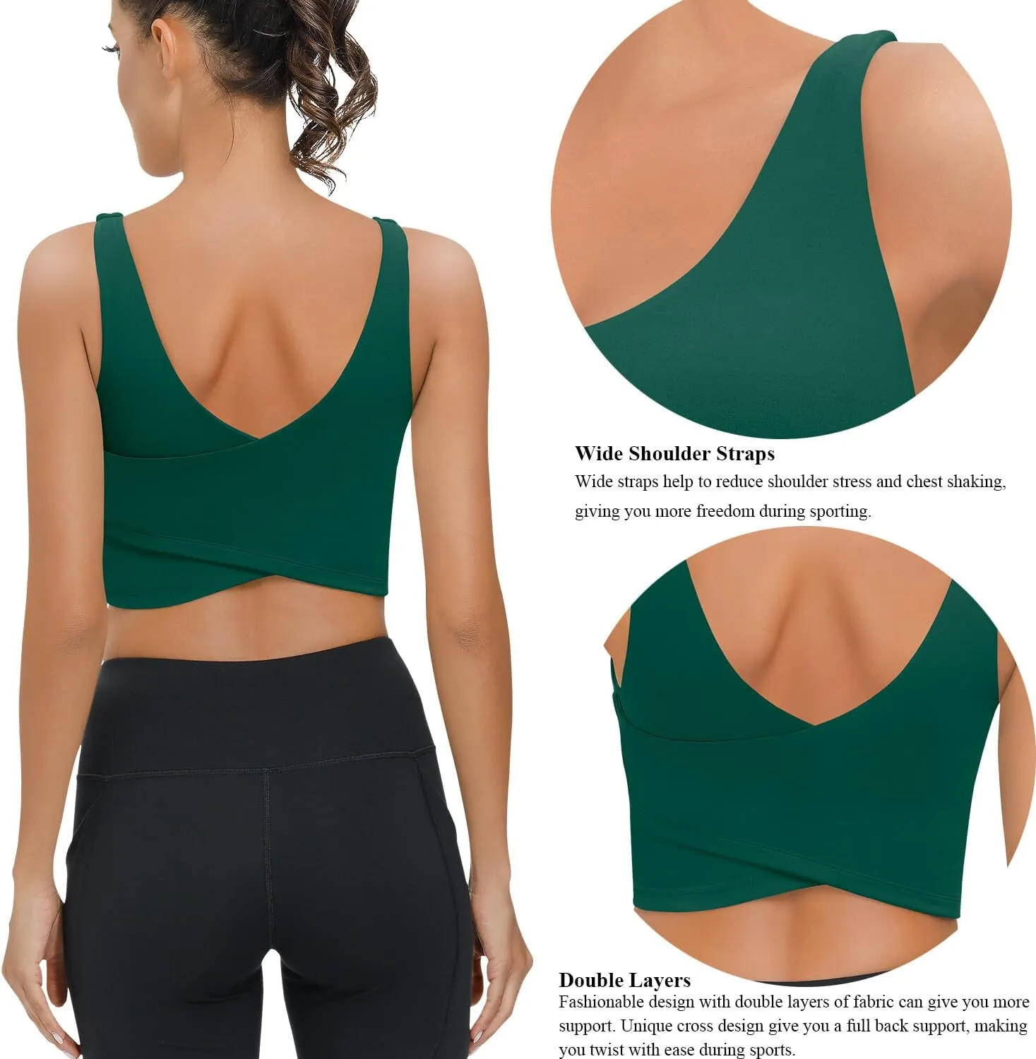 SIGNEALA Sports Bras for Women Longline - V Neck Padded Crop Top with Built-in Bra for Workout Yoga Gym 2 Pack