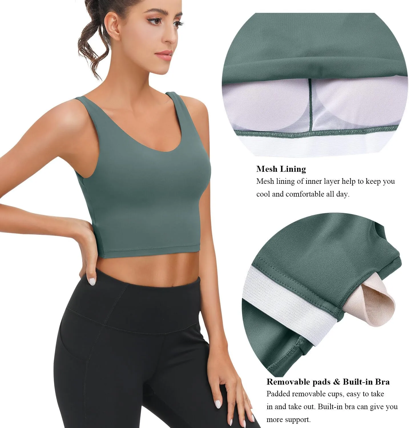 SIGNEALA Sports Bras for Women Longline - V Neck Padded Crop Top with Built-in Bra for Workout Yoga Gym 2 Pack