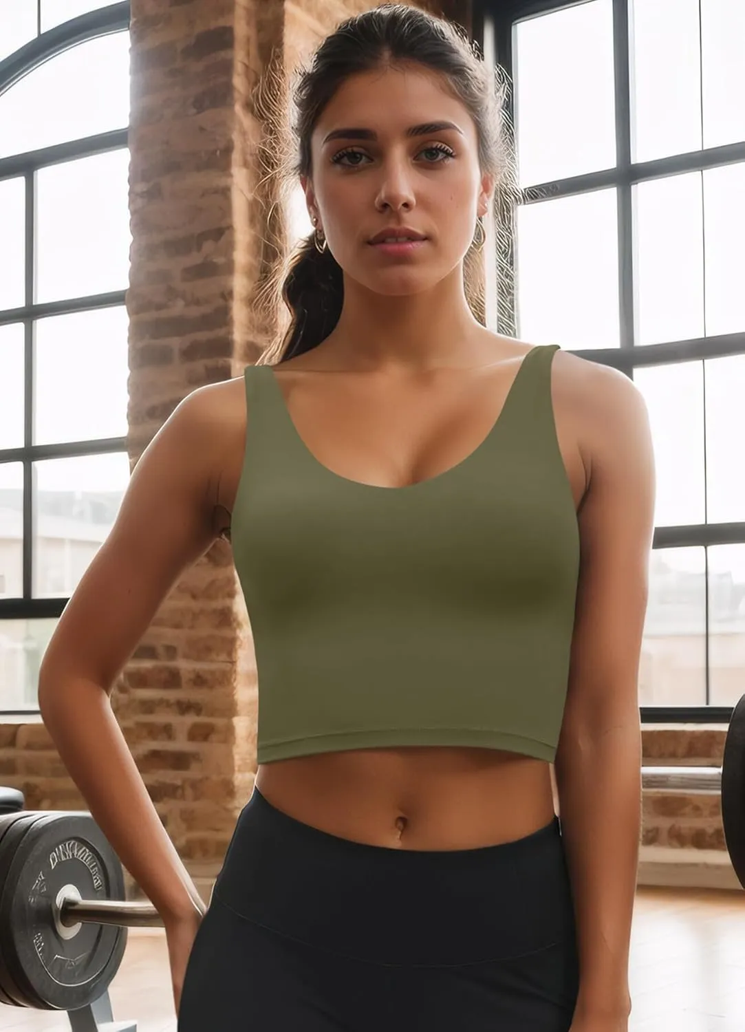 SIGNEALA Sports Bras for Women Longline - V Neck Padded Crop Top with Built-in Bra for Workout Yoga Gym 2 Pack
