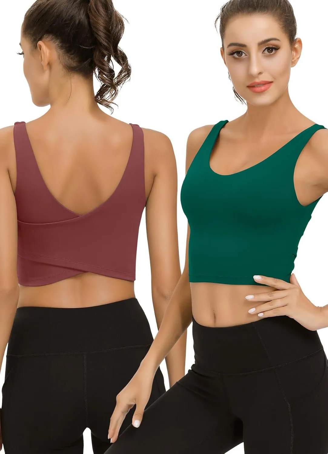 SIGNEALA Sports Bras for Women Longline - V Neck Padded Crop Top with Built-in Bra for Workout Yoga Gym 2 Pack