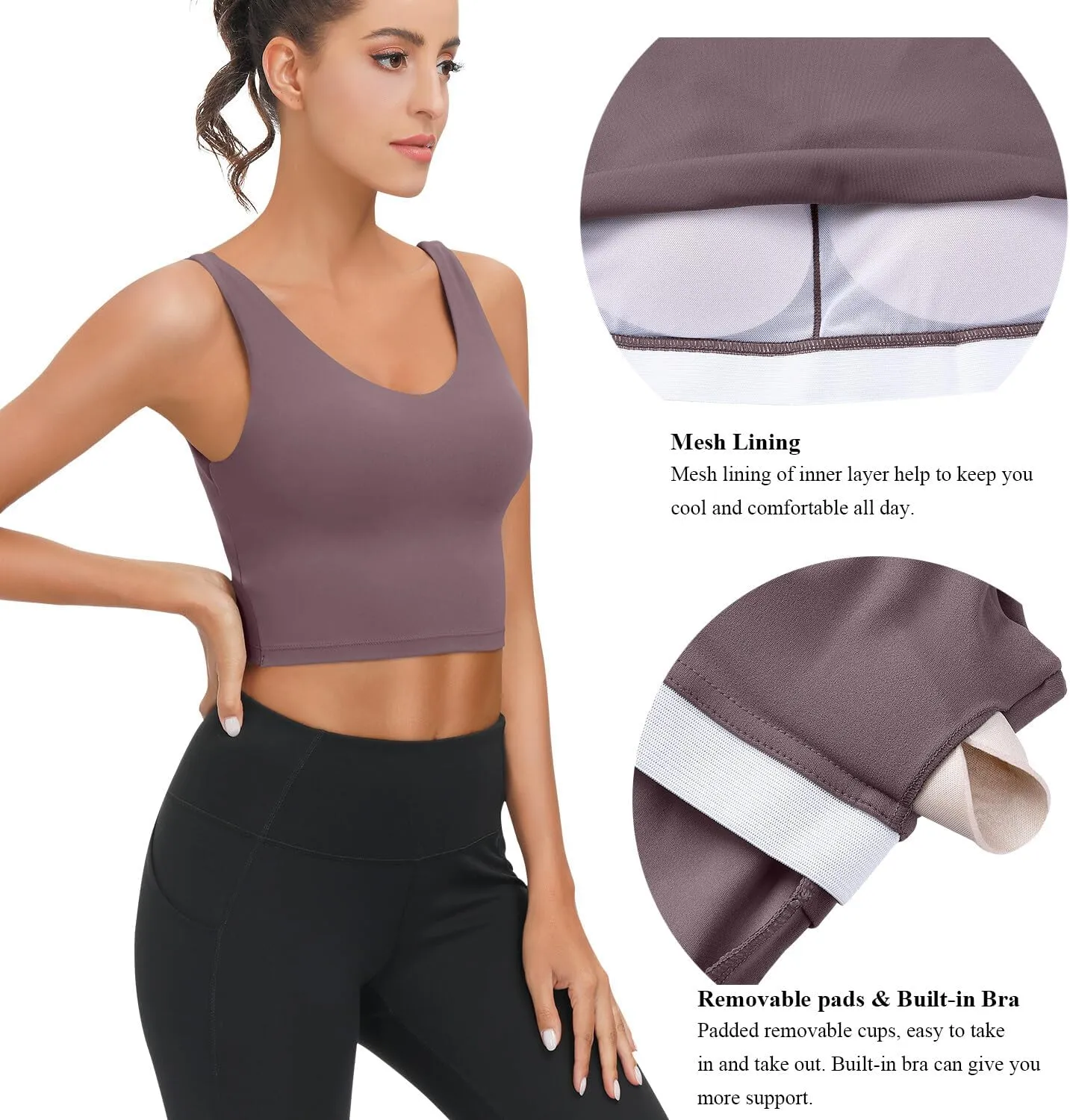 SIGNEALA Sports Bras for Women Longline - V Neck Padded Crop Top with Built-in Bra for Workout Yoga Gym 2 Pack