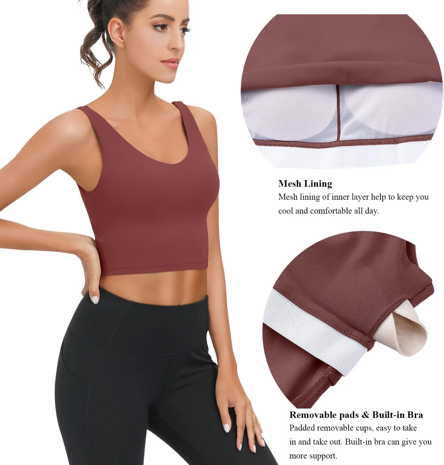 SIGNEALA Sports Bras for Women Longline - V Neck Padded Crop Top with Built-in Bra for Workout Yoga Gym 2 Pack