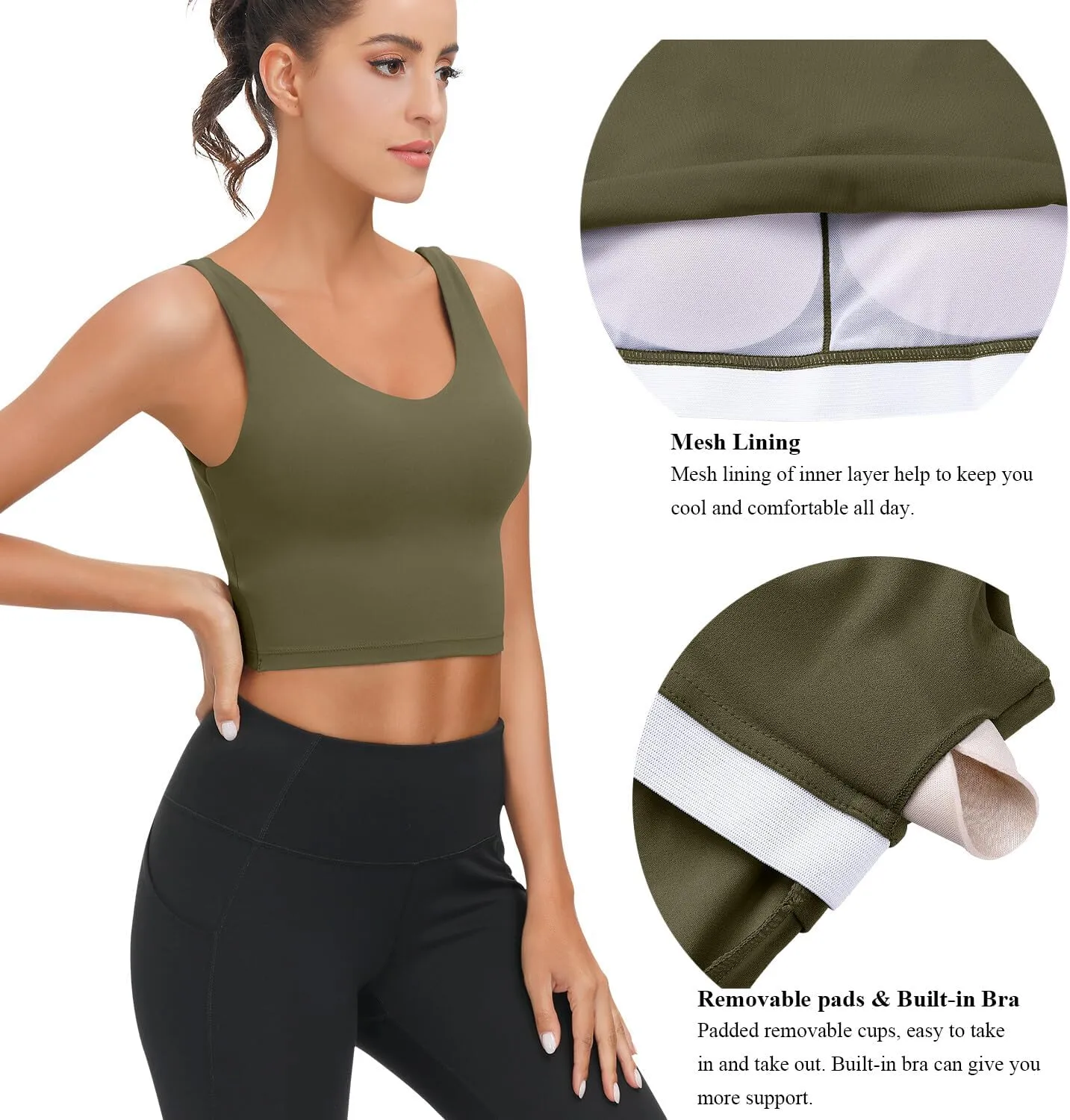 SIGNEALA Sports Bras for Women Longline - V Neck Padded Crop Top with Built-in Bra for Workout Yoga Gym 2 Pack