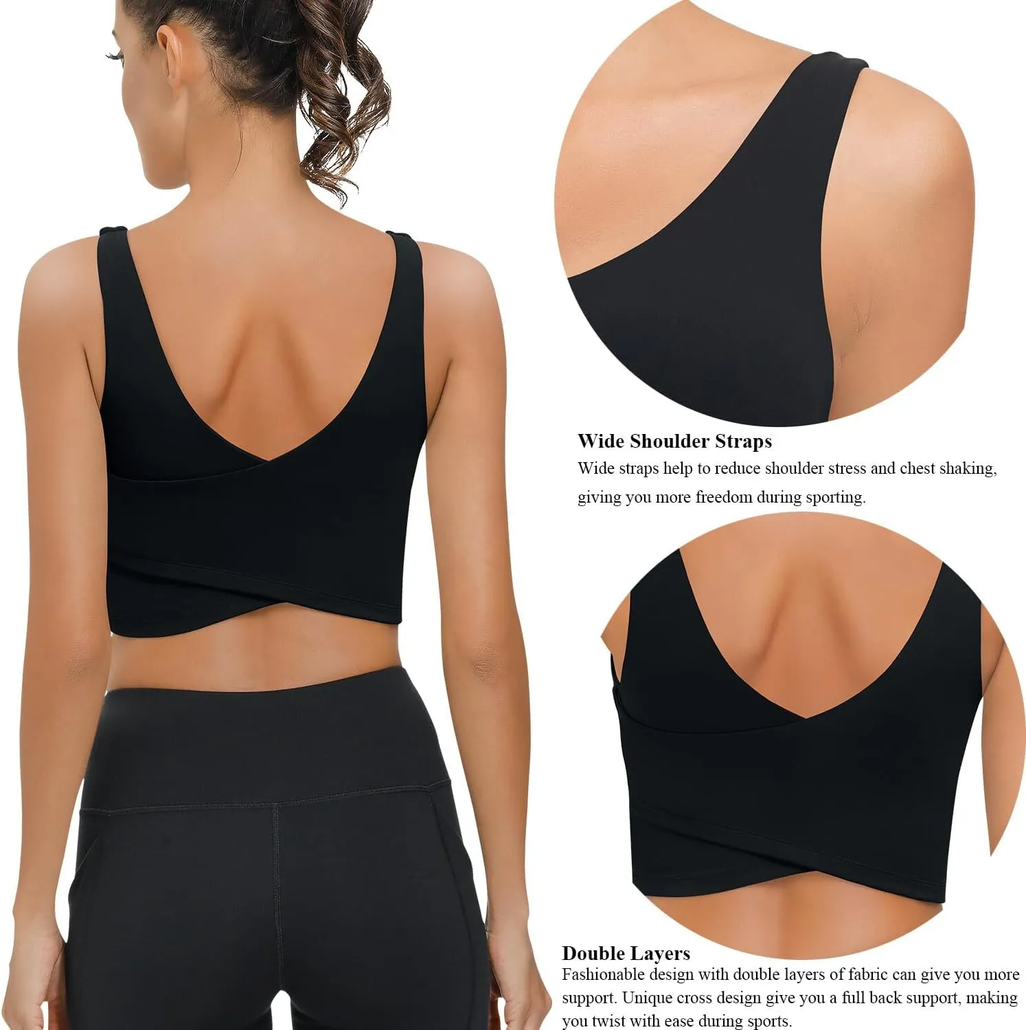 SIGNEALA Sports Bras for Women Longline - V Neck Padded Crop Top with Built-in Bra for Workout Yoga Gym 2 Pack