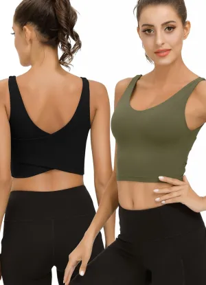 SIGNEALA Sports Bras for Women Longline - V Neck Padded Crop Top with Built-in Bra for Workout Yoga Gym 2 Pack
