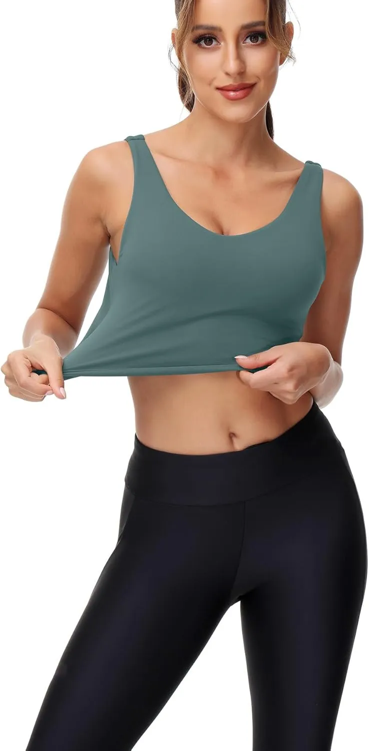SIGNEALA Sports Bras for Women Longline - V Neck Padded Crop Top with Built-in Bra for Workout Yoga Gym 2 Pack