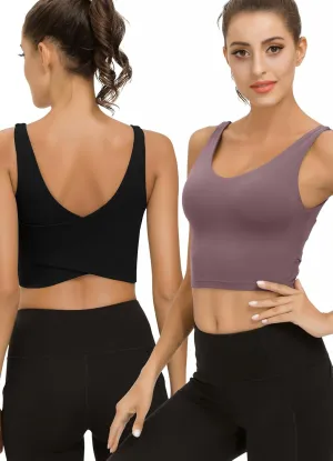 SIGNEALA Sports Bras for Women Longline - V Neck Padded Crop Top with Built-in Bra for Workout Yoga Gym 2 Pack