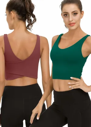 SIGNEALA Sports Bras for Women Longline - V Neck Padded Crop Top with Built-in Bra for Workout Yoga Gym 2 Pack