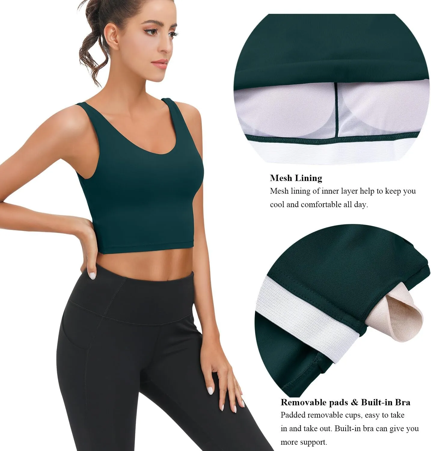 SIGNEALA Sports Bras for Women Longline - V Neck Padded Crop Top with Built-in Bra for Workout Yoga Gym 2 Pack