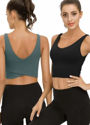 SIGNEALA Sports Bras for Women Longline - V Neck Padded Crop Top with Built-in Bra for Workout Yoga Gym 2 Pack