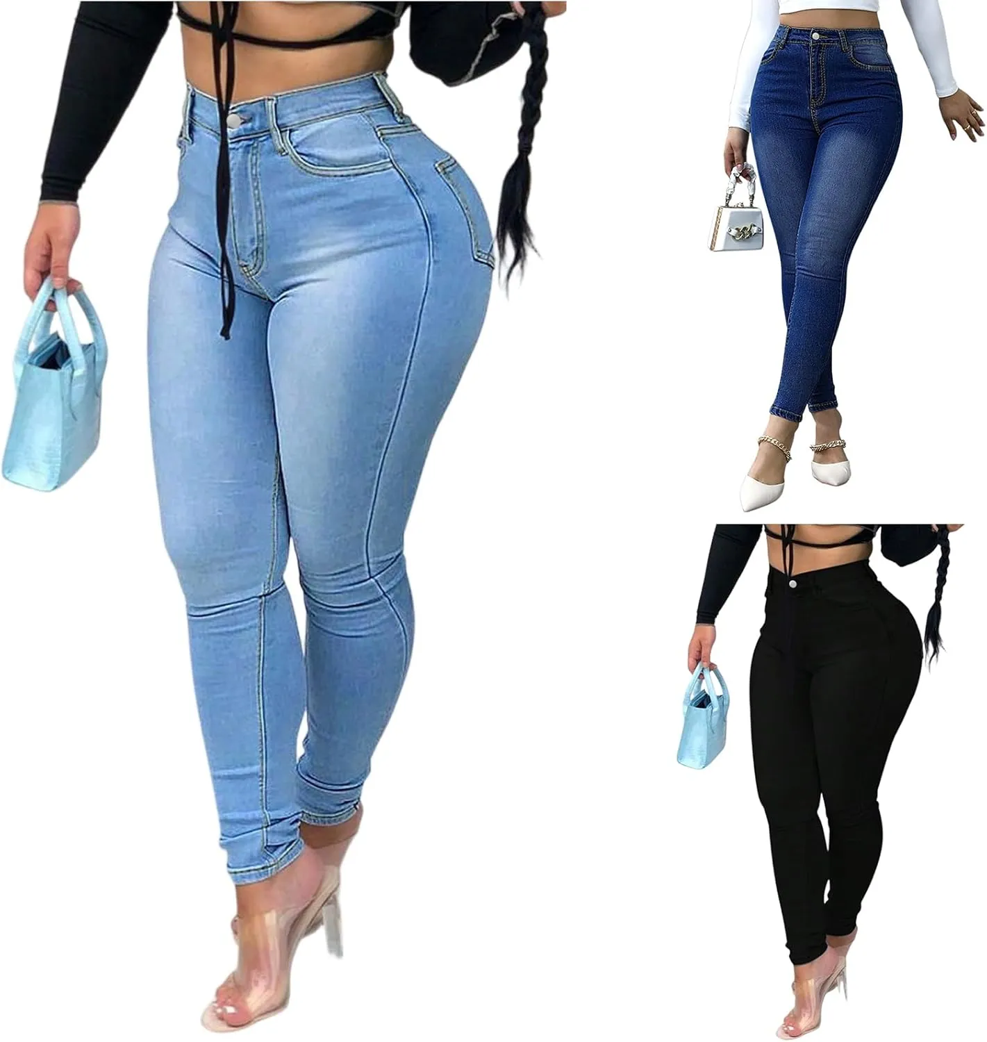 Skinny Jeans for Women Stretchy Butt Lifting High Waisted Jeans Trendy Tummy Control Summer Denim Leggings with Pockets