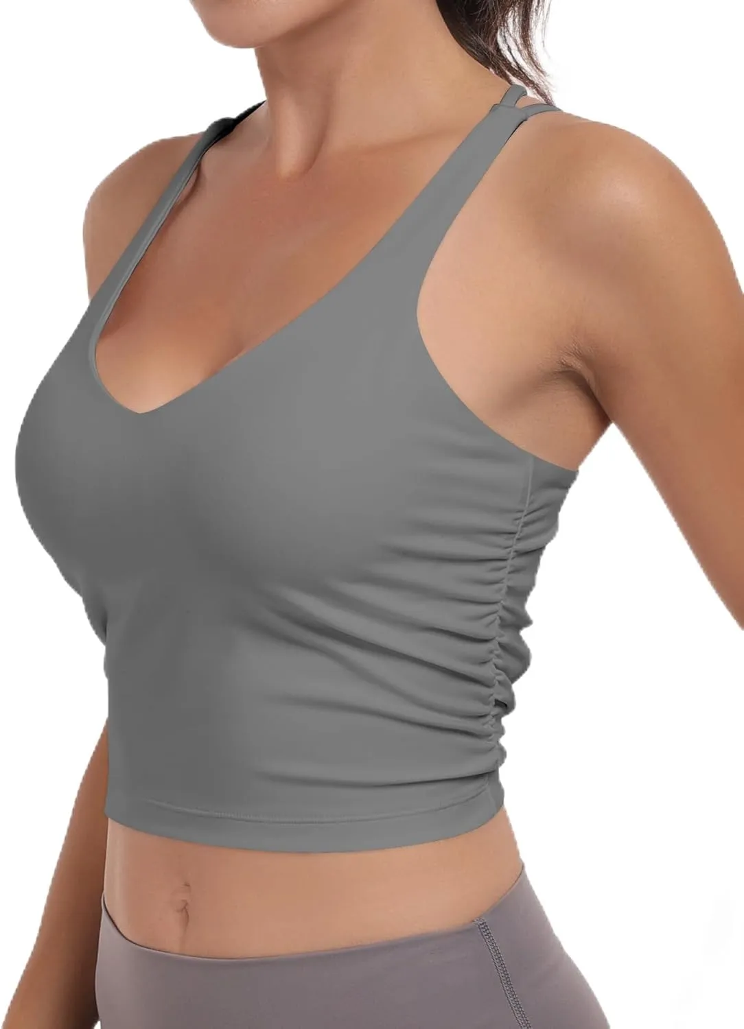 Sport Bra Tank Tops for Women,Ruched Criss Cross Back Longline Wirefree Workout Crop Tops Yoga Bra