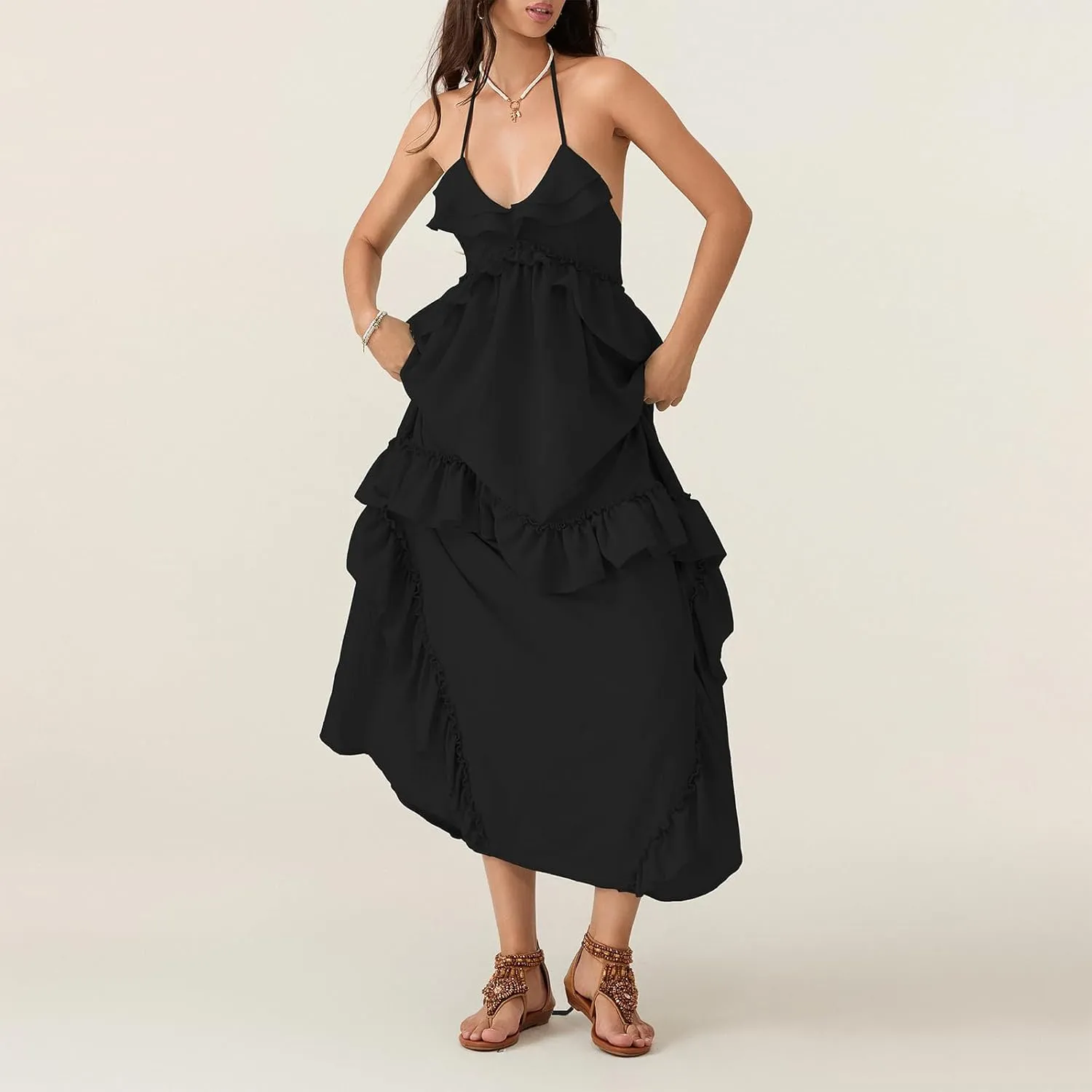 Summer Going Out Floral Swing Boho Maxi Dress Women Casual Sleeveless Loose A-line Ruffle Long Beach Dress