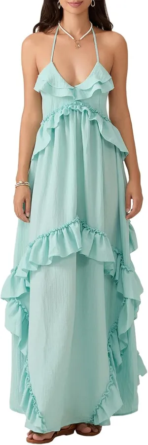 Summer Going Out Floral Swing Boho Maxi Dress Women Casual Sleeveless Loose A-line Ruffle Long Beach Dress