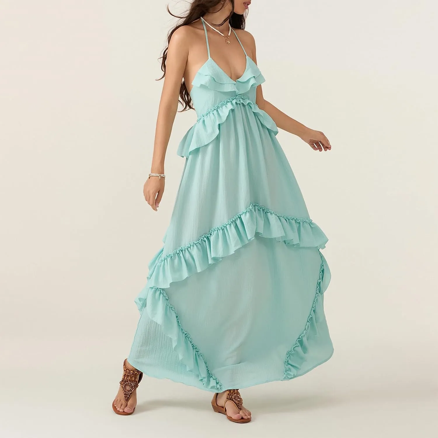 Summer Going Out Floral Swing Boho Maxi Dress Women Casual Sleeveless Loose A-line Ruffle Long Beach Dress
