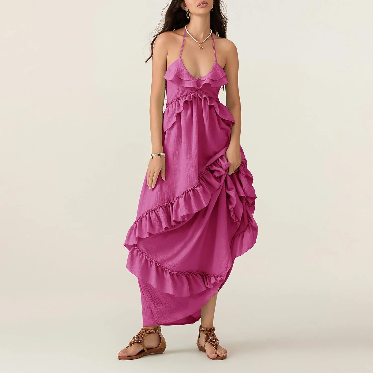 Summer Going Out Floral Swing Boho Maxi Dress Women Casual Sleeveless Loose A-line Ruffle Long Beach Dress