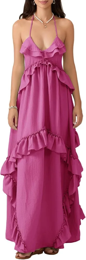 Summer Going Out Floral Swing Boho Maxi Dress Women Casual Sleeveless Loose A-line Ruffle Long Beach Dress