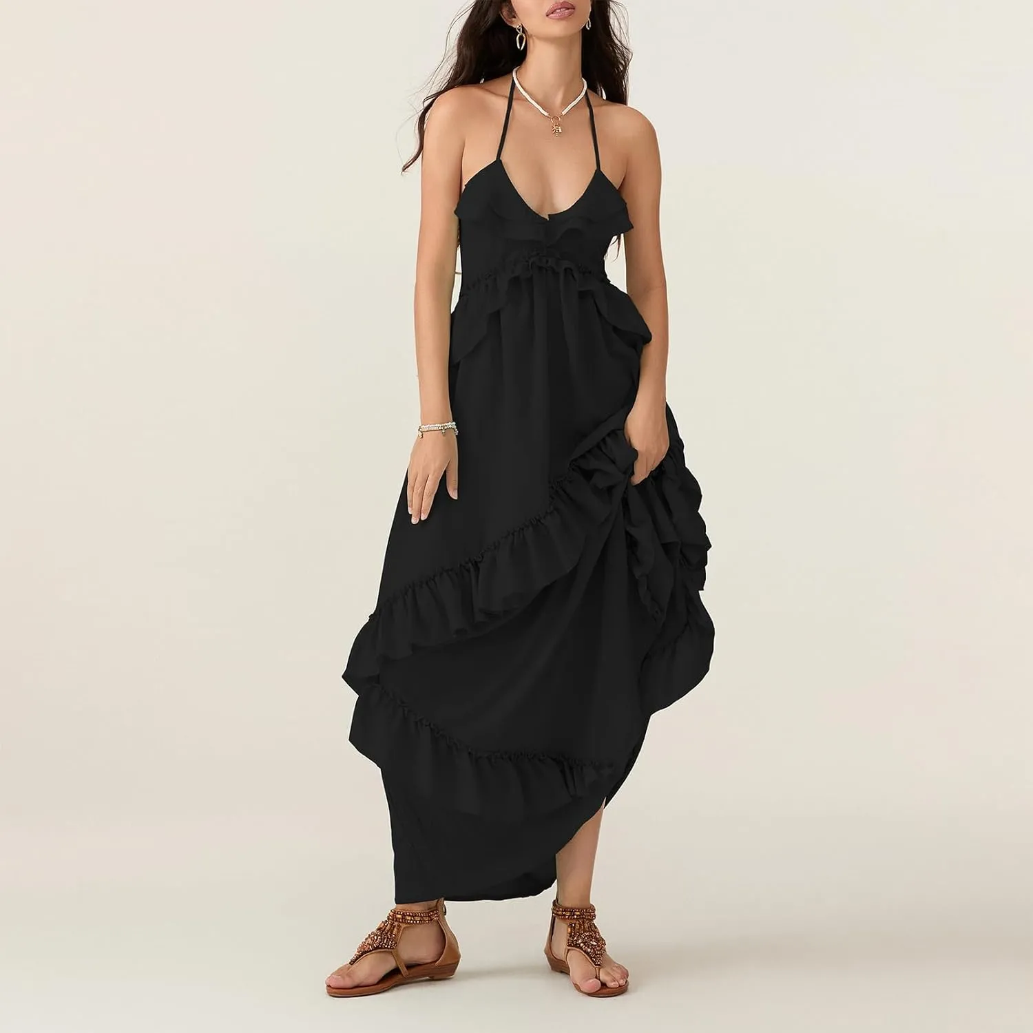 Summer Going Out Floral Swing Boho Maxi Dress Women Casual Sleeveless Loose A-line Ruffle Long Beach Dress
