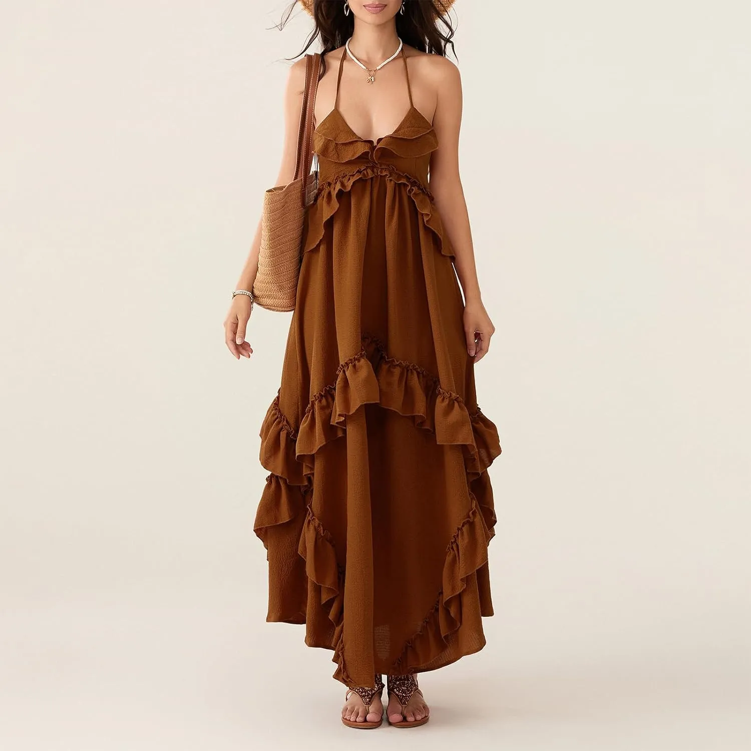Summer Going Out Floral Swing Boho Maxi Dress Women Casual Sleeveless Loose A-line Ruffle Long Beach Dress