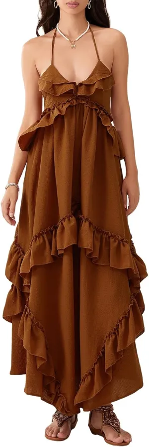 Summer Going Out Floral Swing Boho Maxi Dress Women Casual Sleeveless Loose A-line Ruffle Long Beach Dress