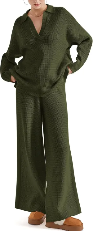 SUUKSESS Women 2 piece Fall outfits Matching Lounge Set Waffle Knit Sweater sets