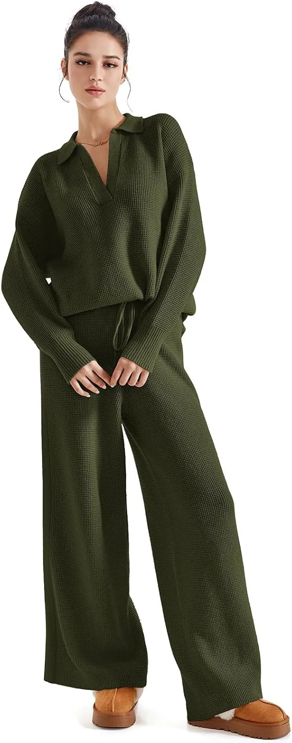 SUUKSESS Women 2 piece Fall outfits Matching Lounge Set Waffle Knit Sweater sets