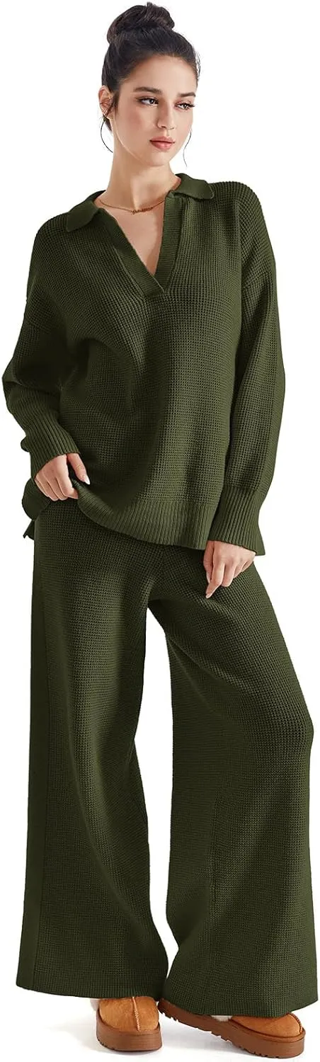 SUUKSESS Women 2 piece Fall outfits Matching Lounge Set Waffle Knit Sweater sets