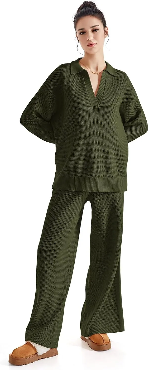 SUUKSESS Women 2 piece Fall outfits Matching Lounge Set Waffle Knit Sweater sets