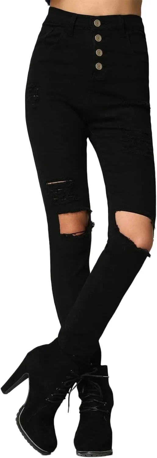 SweatyRocks Women's Casual High Waist Ripped Skinny Jeans Distressed Denim Pants