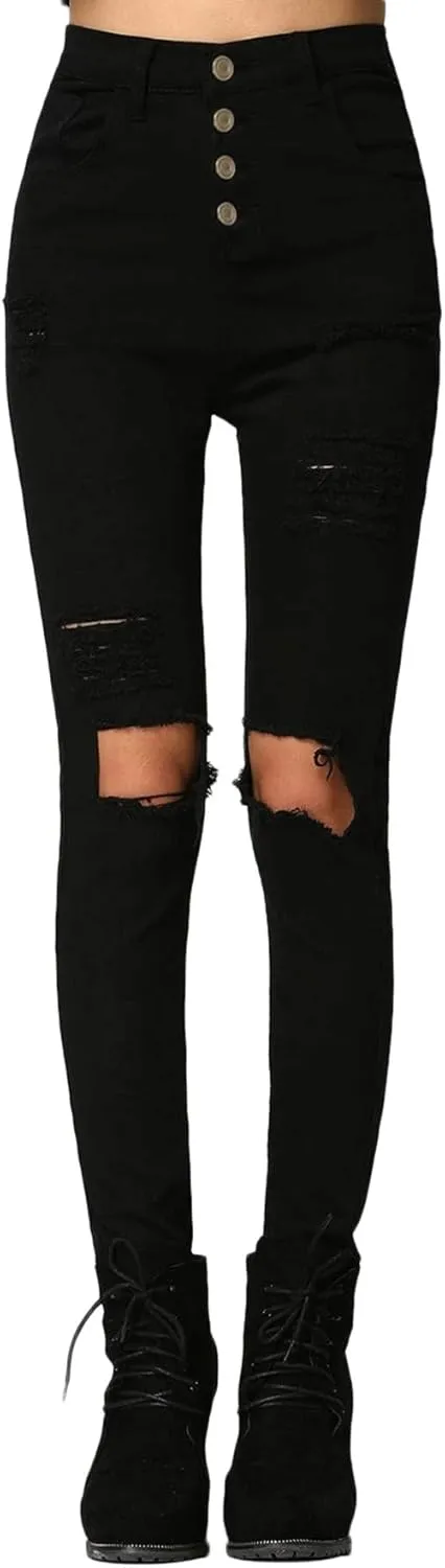SweatyRocks Women's Casual High Waist Ripped Skinny Jeans Distressed Denim Pants