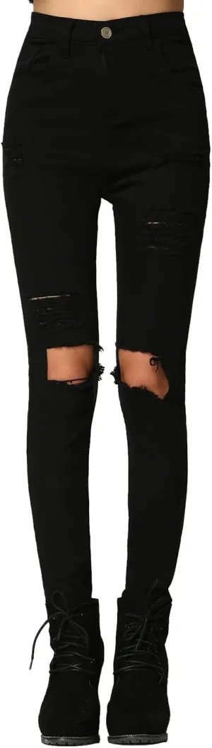 SweatyRocks Women's Casual High Waist Ripped Skinny Jeans Distressed Denim Pants