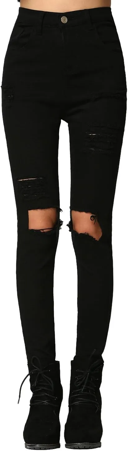 SweatyRocks Women's Casual High Waist Ripped Skinny Jeans Distressed Denim Pants