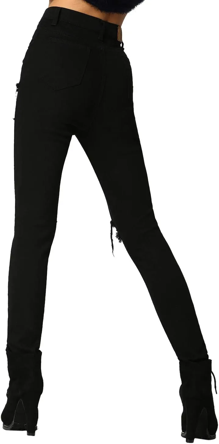 SweatyRocks Women's Casual High Waist Ripped Skinny Jeans Distressed Denim Pants