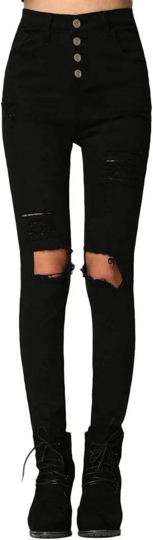 SweatyRocks Women's Casual High Waist Ripped Skinny Jeans Distressed Denim Pants