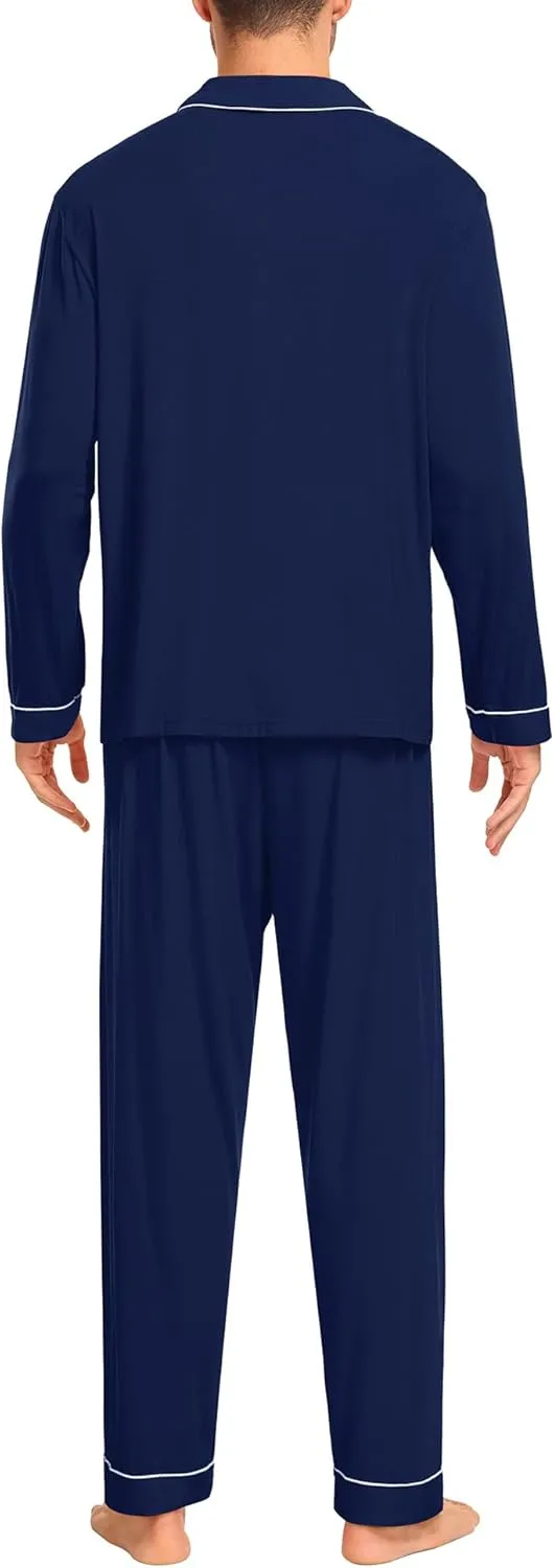 SWOMOG Men Pajamas Set Comfy Modal Pjs Button Down Sleepwear 2 Piece Long Sleeve Lounge Set Soft Nightwear with Pockets