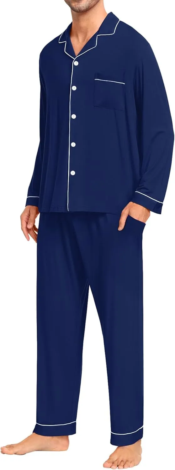 SWOMOG Men Pajamas Set Comfy Modal Pjs Button Down Sleepwear 2 Piece Long Sleeve Lounge Set Soft Nightwear with Pockets