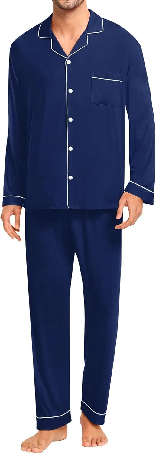 SWOMOG Men Pajamas Set Comfy Modal Pjs Button Down Sleepwear 2 Piece Long Sleeve Lounge Set Soft Nightwear with Pockets