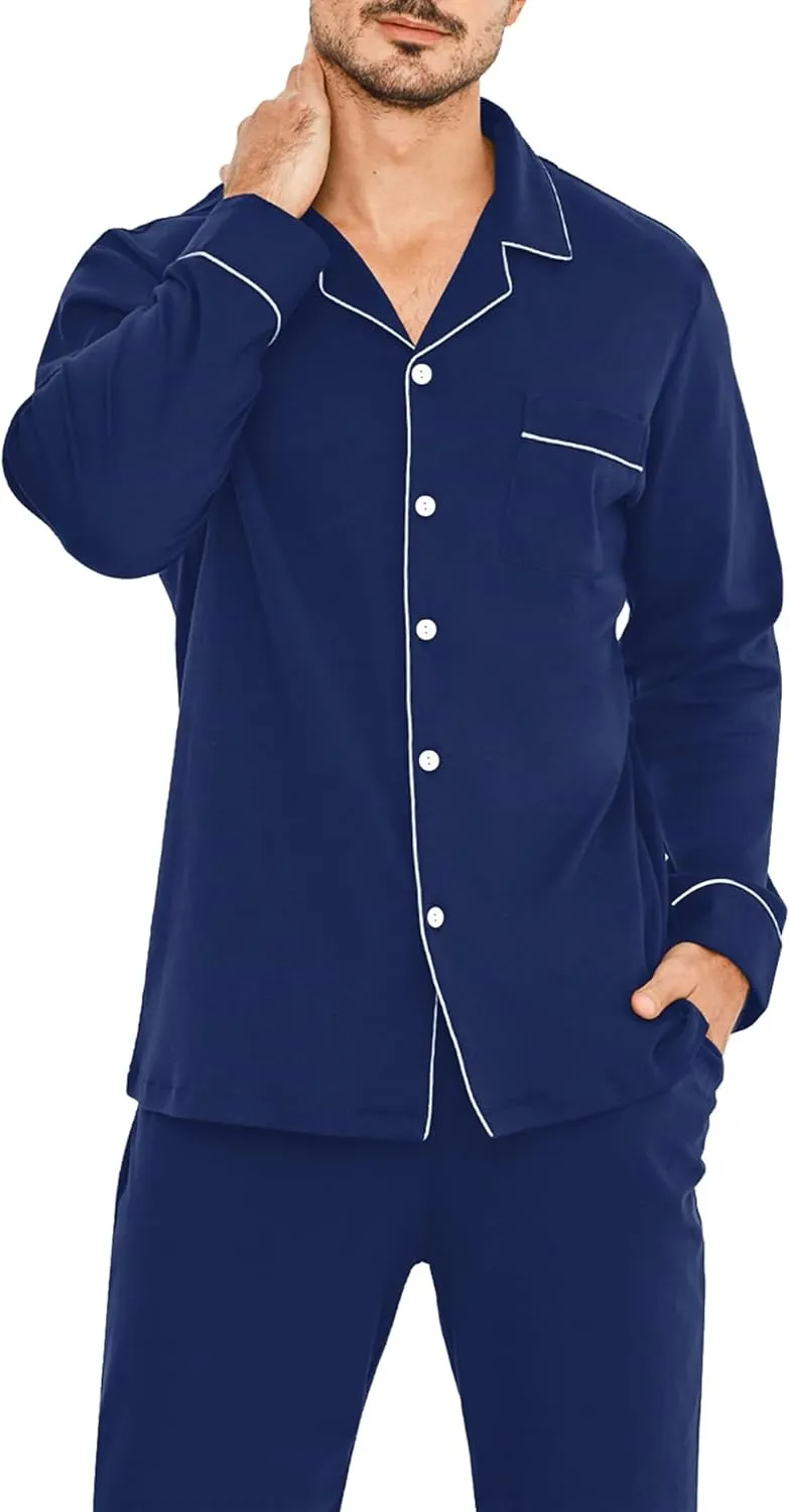 SWOMOG Men Pajamas Set Comfy Modal Pjs Button Down Sleepwear 2 Piece Long Sleeve Lounge Set Soft Nightwear with Pockets
