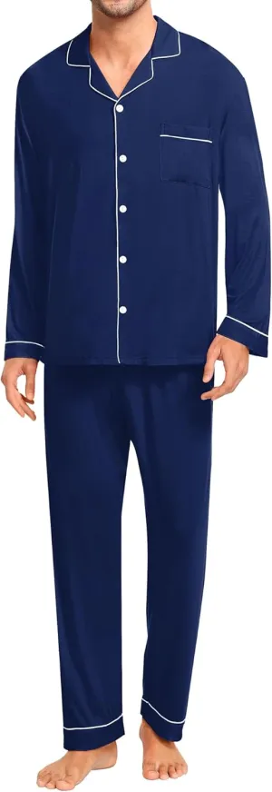 SWOMOG Men Pajamas Set Comfy Modal Pjs Button Down Sleepwear 2 Piece Long Sleeve Lounge Set Soft Nightwear with Pockets