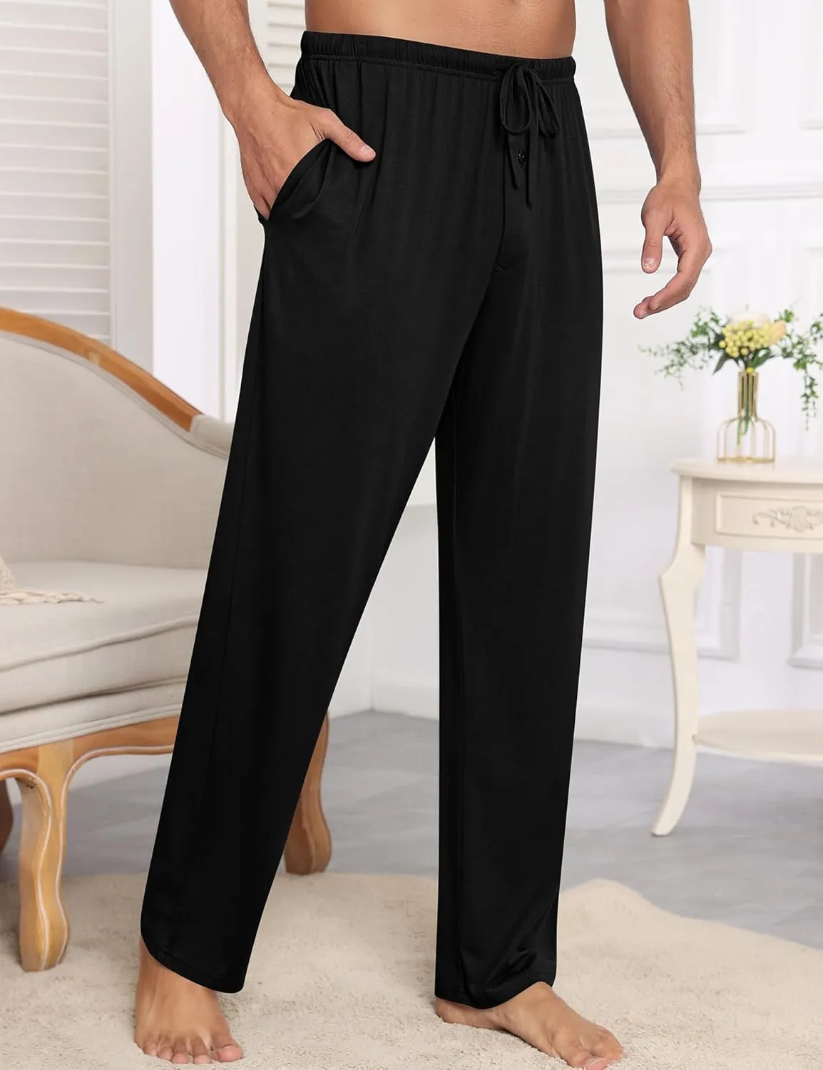 SWOMOG Mens Modal Pajama Pants Soft Lounge Pants Sleep Pj Bottoms with Button Fly & Drawstring & Pockets