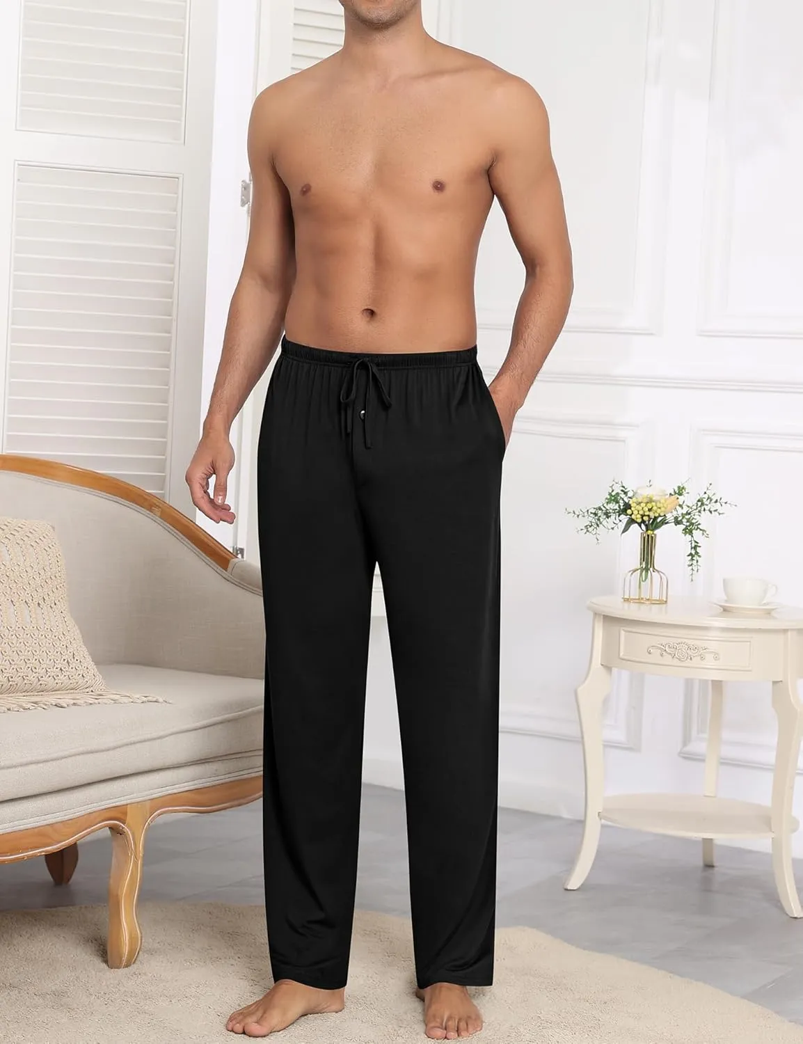 SWOMOG Mens Modal Pajama Pants Soft Lounge Pants Sleep Pj Bottoms with Button Fly & Drawstring & Pockets