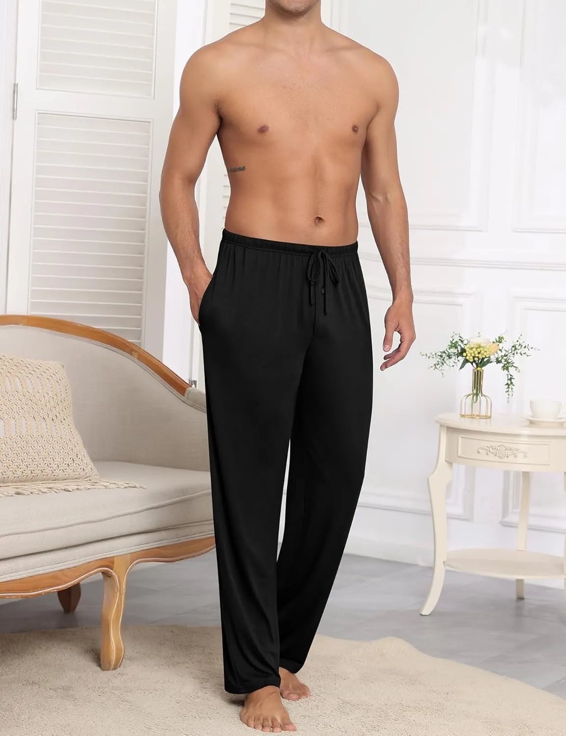 SWOMOG Mens Modal Pajama Pants Soft Lounge Pants Sleep Pj Bottoms with Button Fly & Drawstring & Pockets